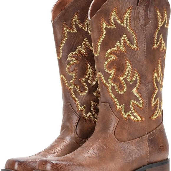 Women's Cowgirl Cowboy Boots Leather Square Toe Western Mid Calf Fashion